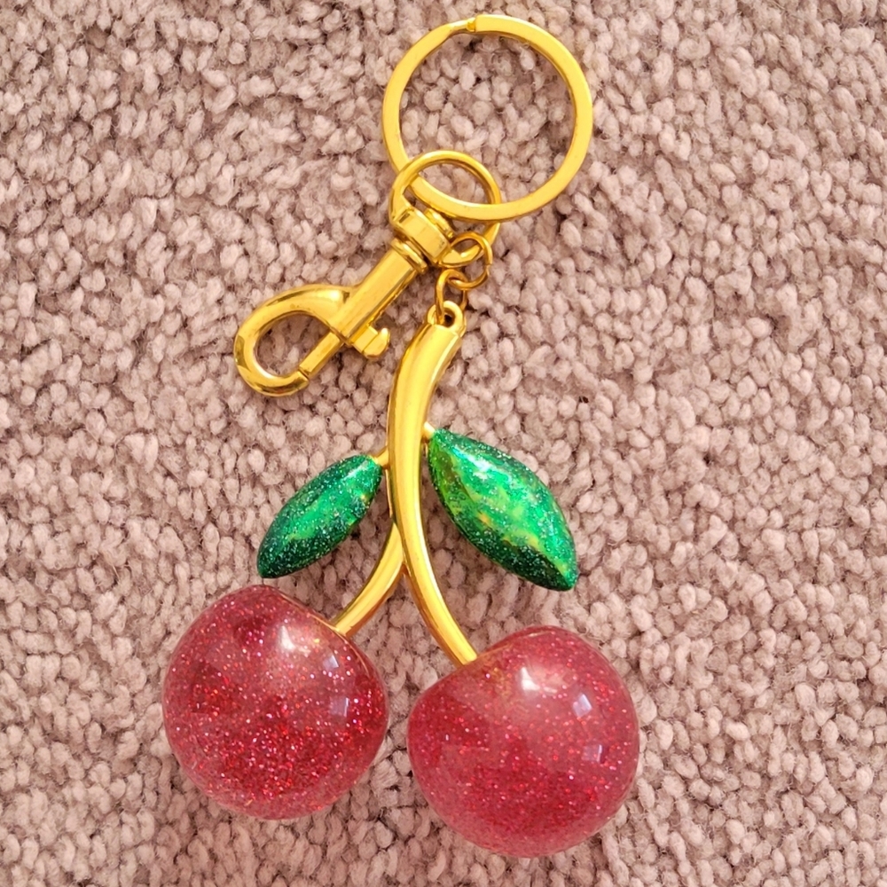 Cherry Keychain with Gold and Green Accents